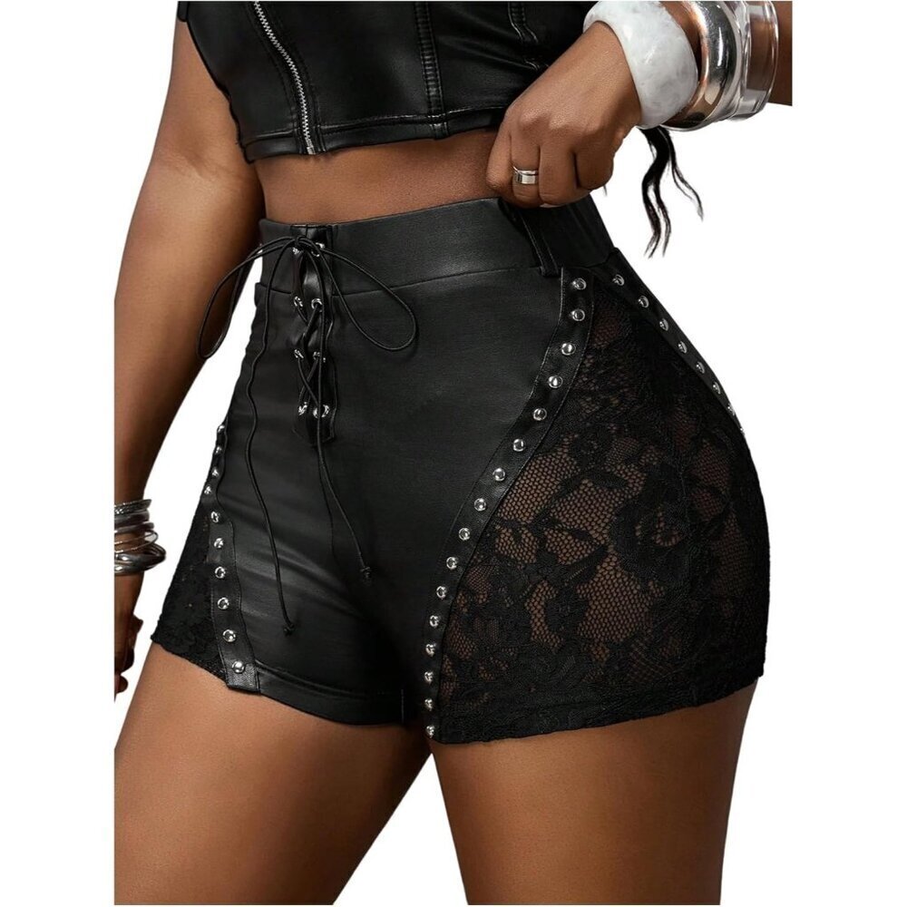 Women's Black Punk Lace Rivet Pu Leather Shorts Rave Club Lace Up Micro Shorts